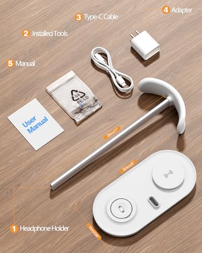 HiWe Headphone Stand, 2-in-1 MagSafe Wireless Charger for iPhone/iWatch | Headset Holder for All Headphones, Aluminum Alloy Bar, ABS Solid Base, PU Headrest, Table Desk Organizer - color: White