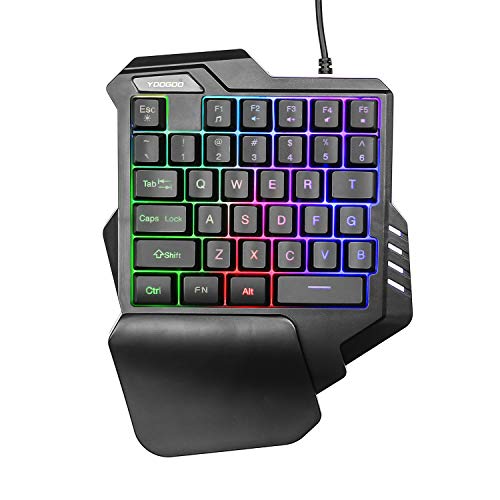 One-Handed Gaming Keyboard, Wired Mini 35 Keys Single Hand with Rainbow Fixed Backlit, Portable Gamer Keyboard with Ergonomic Design of Wrist Rest, Macro Recording Function, for PC Computer