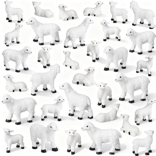 Soulchen 50 Pcs Mini Sheep Resin Figurine Bulk Miniature Lamb Figure to Hide Animals Statue Landscape Little Shepherd Decor for Mini DIY Garden Party Outdoor Indoor Home Decor Christian Gifts - style: Lamb