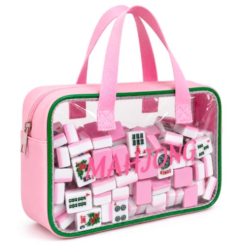 Empty Mahjong Tile Bag American Clear Mahjong Case with Zipper | PVC Mahjong Bag Storage 166 Tiles Waterproof Holder with Handles Letters Printed for Game Days Gift Travel Pink Case Only - color: Pink