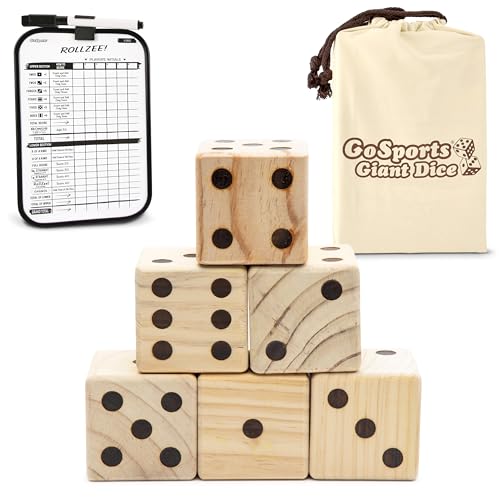 GoSports Giant Wooden Playing Dice Set with Rollzee and Farkle Scoreboard - Includes 6 Dice, Dry-Erase Scoreboard and Canvas Tote Bag - Choose 2.5 Inch or 3.5 Inch Dice) - style: 2.5 Inch Natural Wood Dice