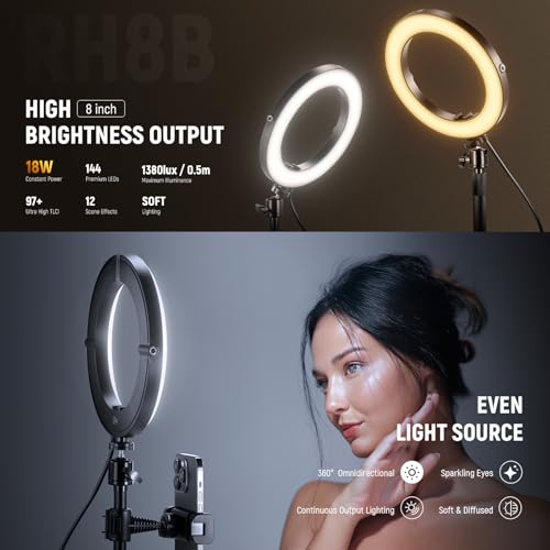 NEEWER 8" 18W High Power Desk Ring Light with Stand & Phone Holder, Circle Selfie Ringlight for iPhone Streaming Vlogging Recording, Video Conference Lighting Kit for Laptop Computer Zoom Call, RH8B