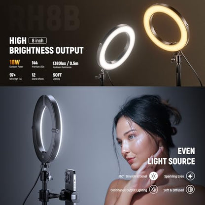 NEEWER 8" 18W High Power Desk Ring Light with Stand & Phone Holder, Circle Selfie Ringlight for iPhone Streaming Vlogging Recording, Video Conference Lighting Kit for Laptop Computer Zoom Call, RH8B