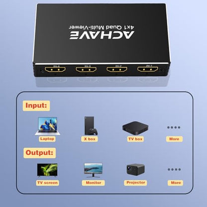 ACHAVE 4x1 HDMI Multiviewer Switch 2x1 3x1, 4K@30Hz 1080P@60Hz Quad Screen Splitter with 10 Display Modes, Seamless Switching, IR Remote Control, Compatible with Laptop, Xbox, TV Box
