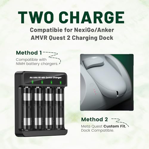 1800mAh Rechargeable AA Batteries | Compatible with Oculus Quest 2 Controller and Meta Quest 3S, 3 Charging Dock, 1800mAh AA Batteries 2 Pack