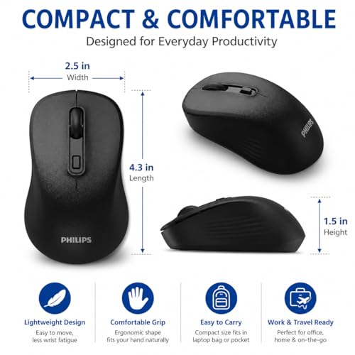 PHILIPS Bluetooth Wireless Mouse, Wireless Mouse for Laptop, Silent Click | Ergonomic Grip, 3-Level DPI, Bluetooth&2.4G Dual Mode, USB Nano Receiver, for Office, Home, Windows, macOS Compatible
