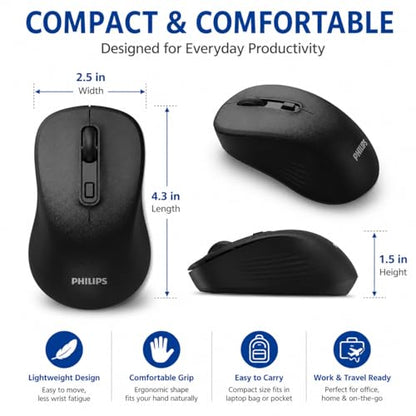 PHILIPS Bluetooth Wireless Mouse, Wireless Mouse for Laptop, Silent Click | Ergonomic Grip, 3-Level DPI, Bluetooth&2.4G Dual Mode, USB Nano Receiver, for Office, Home, Windows, macOS Compatible