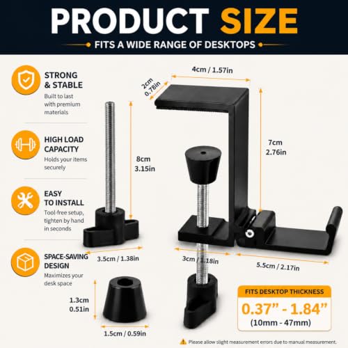 JAKO Headphone Stand for Desk, Aluminum Alloy Foldable Headphone Holder - Headset Stand Hook Mount, PC Gaming Headset Holder Under Desk Clamp for Office, Computer, Student Class Table, Handmade Table - color: Black