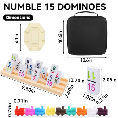 Doreimi Mexican Train 도미노 더블 15, 136 숫자 타일, 8개의 나무 랙 | 컬러 숫자 타일, 휴대용 휴대용 케이스, 드로스트링 가방, 전략 보드 게임, 가족 및 성인에게 적합 - style: 더블 15 넘버+8 랙