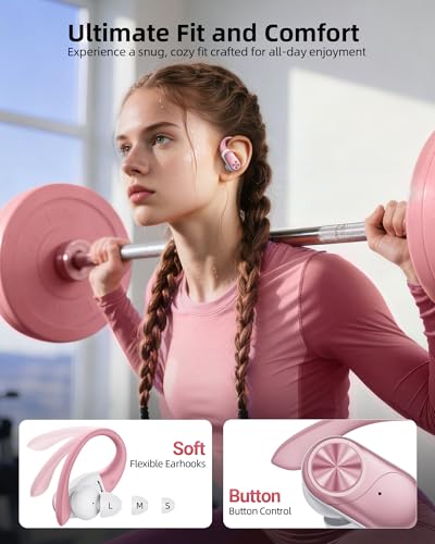 PocBuds Bluetooth Headphones Wireless Earbuds 80hrs Playtime Wireless Charging Case Digital Display Sport Ear Buds with Earhook Deep Bass IPX7 Waterproof Over-Ear Earphones for Phone Laptop Rose Gold - color: Rose Gold, style: Standard