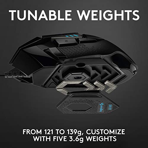 Logitech G502 Hero Wired Gaming Mouse - Black | High performance, 25,600 DPI, RGB, adjustable weights, 11 programmable buttons, on-board memory, PC/Mac - style: Wired
