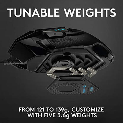 Logitech G502 Hero Wired Gaming Mouse - Black | High performance, 25,600 DPI, RGB, adjustable weights, 11 programmable buttons, on-board memory, PC/Mac - style: Wired