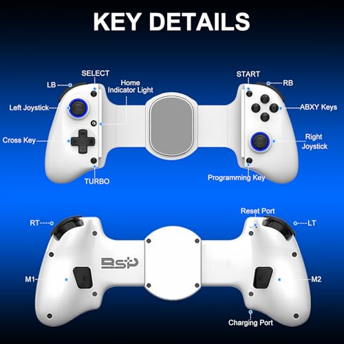 Phone Controller for iPhone, iPad, Android Phone, Tablet, PC, Switch 2, Mobile Game Controller with Hall Trigger, Turbo, Programming, Vibration, Wireless Handheld Gamepad Play Streaming, Cloud Gaming - color: White
