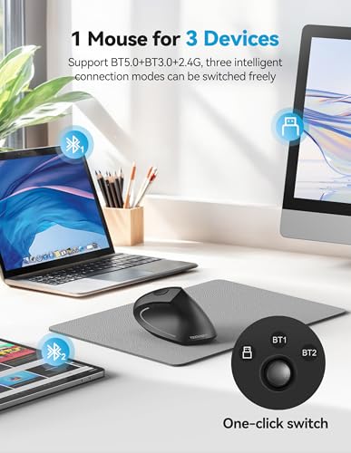TECKNET Ergonomic Mouse with Jiggler, Bluetooth Wireless Vertical Mouse, 4800DPI Rechargeable Carpal Tunnel Mouse, Undetectable Random Movement Keeps Computers Awake for PC, Laptop, Mackbook | Built-in Jiggler Mover, Bluetooth+2.4G, Wireless Moving Mouse,