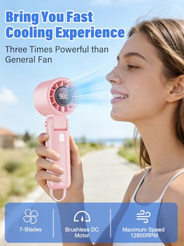 AI Handheld Fan Turbo, 100-Speed Portable Fan Rechargeable, Mini Fan with 12800 RPM Strong Airflow, Foldable 4-in-1 Personal Fan for Travel, Camping, Beach & Office, USB-C & Lightweight & Quiet - color: Pink