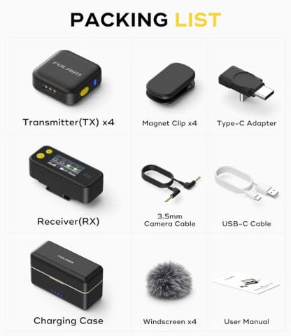 FULAIM 4-Pack Wireless Lavalier Microphone for iPhone Android Camera PC | 21H Battery Life with Charging Case, AI Noise Cancellation, 300m Range, Lapel Mini Mic for Vlog Interview TikTok