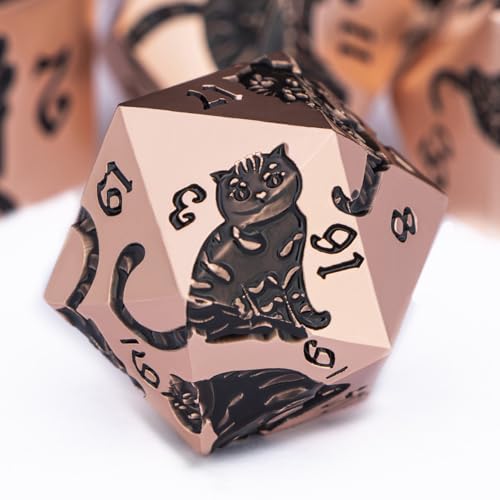 Metal DND Cat Dice 7PCS Polyhedral RPG Dice Set with Gift Case for Dungeons Dragons Role Playing Game, D and D Dice D6 D8 D10 D12 D20 D% (Copper Black) - color: Cat-copper Black
