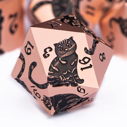 Metal DND Cat Dice 7PCS Polyhedral RPG Dice Set with Gift Case for Dungeons Dragons Role Playing Game, D and D Dice D6 D8 D10 D12 D20 D% (Copper Black) - color: Cat-copper Black