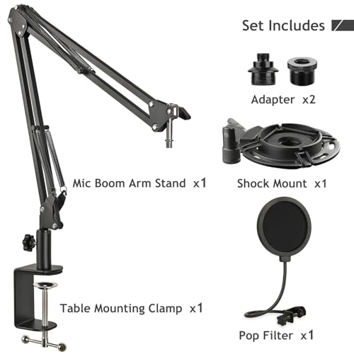 Audio Technica AT2020 Mic Stand, AT2020 Mic Boom Arm Suspension Scissor Stand with Shock Mount, Pop Filter, Upgraded Heavy Duty Clamp for AT2020 AT2020USB+ AT2035 Condenser Studio Mic