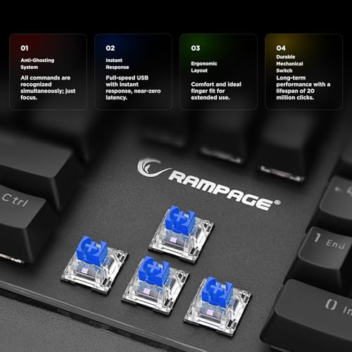 KB-R86 Umbra Mechanical Gaming Keyboard – High-Performance Switches, 26-Key Anti-Ghosting, 12 Multia Keys, Wrist Rest, Durable ABS – Compatible with PC, Laptop, Mac (Blue Switch) - color: Blue Switch, size: 26 Keys