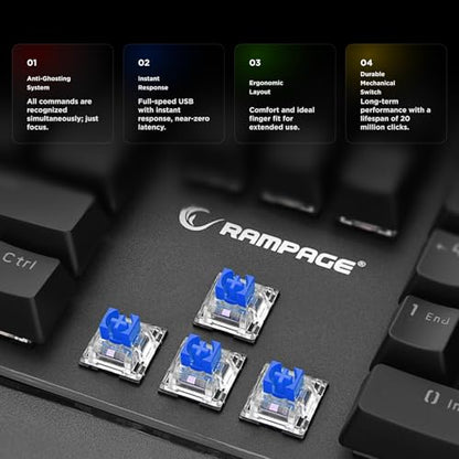 KB-R86 Umbra Mechanical Gaming Keyboard – High-Performance Switches, 26-Key Anti-Ghosting, 12 Multia Keys, Wrist Rest, Durable ABS – Compatible with PC, Laptop, Mac (Blue Switch) - color: Blue Switch, size: 26 Keys