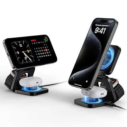3-in-1 Wireless Charger Stand, LULULOOK 15W Magnetic Charger Wireless Fast Charging Station for iPhone 16/15/14 Series, Aluminum 5W Charger for Apple Watch, AirPods, USB-C Charging Cable Included - color: Black