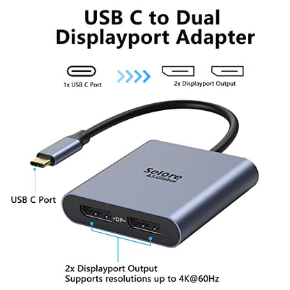 USB-C to Dual 4K DisplayPort Splitter Adapter, USB-C to DisplayPort | Dual Monitor Converter 4K@60Hz, USB-C DisplayPort Hub Compatible for Dell XPS 13/15, Lenovo Yoga, Samsung, Chromebook, HP