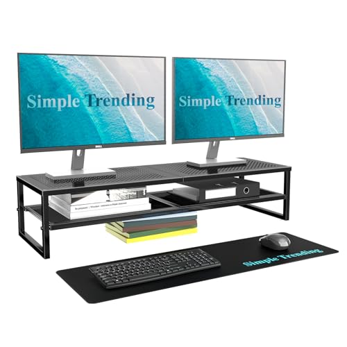 Simple Trending 2-Tier Dual Monitor Stand with Mouse Pad, Metal, Black | 32"W x 10"D x 7"H. Mesh cooling. Holds 100 lbs. Bottom tier fits keyboard & Xbox. Non-slip base. Free mouse pad.