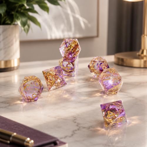Metal Dice Set DND 7pcs with Gift Box - RPG Gift for Gamers(Gold-Purple) | Elegant gift box included, making it the ultimate present for roleplaying tabletop gamers and D&D enthusiasts - color: Gold-purple