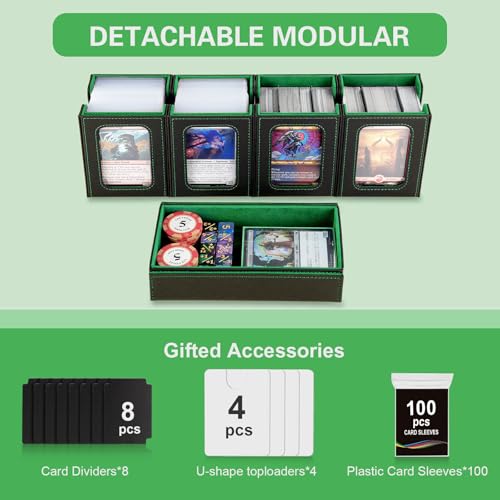 Commander Deck Box for MTG,Card Storage Box Fits 400+ Double-Sleeved Cards,5 in 1 Removable deck Case with Display Windows,for TCG/PTCG/EDH(Black & Green) - color: Black/Green