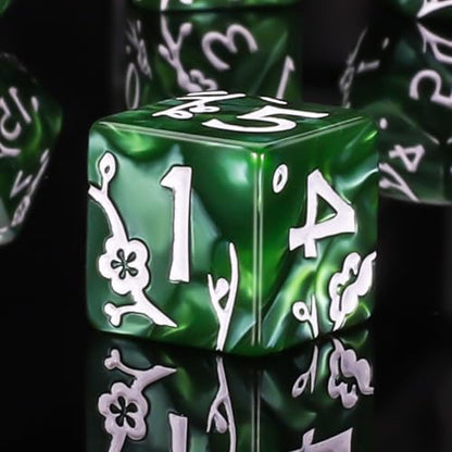 CiaraQ 7pcs Polyhedral Dice Set for Dungeon and Dragons MTG Table Games | Acrylic Role Playing Dice for D&D with Black Velvet Bag – Green Pearl with White Numbers & Plum Blossom Patterns - color: Green and White Floral Dice