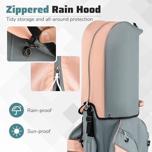 Goplus Lightweight Golf Cart Bag, Molded Lock Top Golf Club Bag w/14-Way Full Length Organizer Dividers, 11 Pockets, Cooler Bag, Straps, Umbrella Holder & Rain Hood for Men Women - color: Grey+Pink