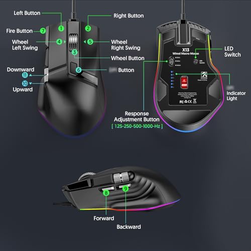 Zunate RGB Wired Gaming Mouse, 12400 DPI, Dual Wheels, 11 Buttons | 7 RGB Modes, 12400 DPI, 1000Hz Polling, 11 Buttons, 20 Macros, Dual Wheels, Ergonomic Wired Design