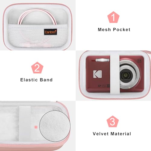 Canboc Hard Case for Kodak PIXPRO Friendly Zoom FZ55 / FZ53 / FZ45 16MP Digital Camera, Mesh Pocket fits SD Card, USB Charging Adapter, USB Cable, Rose Gold - color: Rose Gold