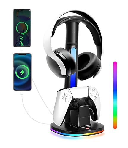 Controller Charger with 7 RGB Lighting Modes – Docking Charging Station with Fast Dual Ports & Headphone Stand (Compatible with PS5).