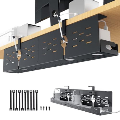 Univivi Under Desk Cable Management Tray, Cable Management, 32 inch, Black | Durable Steel Material, Under Desk Cable Tray with No-Drill C-Clamp and Screw Mount, Wire Management for Office/Home - color: Black, size: 32"