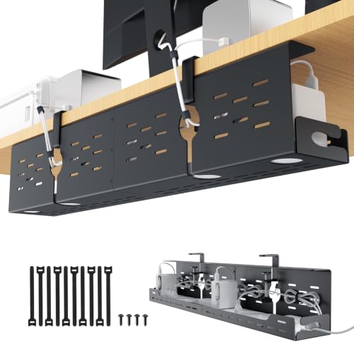 Univivi Under Desk Cable Management Tray, Cable Management, 32 inch, Black | Durable Steel Material, Under Desk Cable Tray with No-Drill C-Clamp and Screw Mount, Wire Management for Office/Home - color: Black, size: 32"