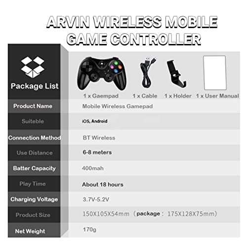 arVin Wireless Game Controller for iOS & Android, Bluetooth Gamepad Joystick with Phone Holder for iPhone 15/14/13/12, Samsung Galaxy S22/S21/S20, One Plus, TCL, Call of Duty, Apex Legends,Direct Play - color: Black