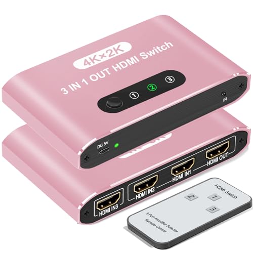 HDMI Switch 3 in 1 Out, 4K@60Hz HDMI Splitter with Remote Control, 3 Ports HDMI Switcher, Perfect for Full HD 4K 1080P 3D Video Roku Fire TV Blu-ray Players Stick Apple PS4/PS5 Xbox Chromecast (Pink) - color: Pink