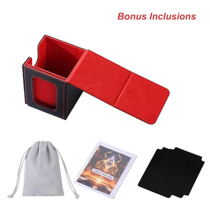 AFIING MTG Deck Box for Commander Display,Card Deck Box Fits 100 Double Sleeved Cards, Magic Commander TCG Card Storage Box with 2 Dividers,Drawstring Bag and 1 Toploader(Black/Red) - color: Commander Black Red