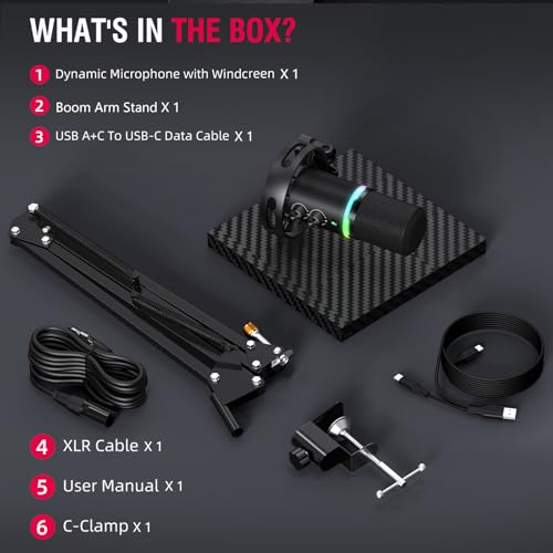 Gaming Microphone Set, USB & XLR Dynamic PC Mic for Streaming & Podcast, Computer RGB Mic Kit with Boom Arm, Mute Button & Headphone Jack, Cardioid Polar Pattern for Vocals, Voice-Over - color: Black