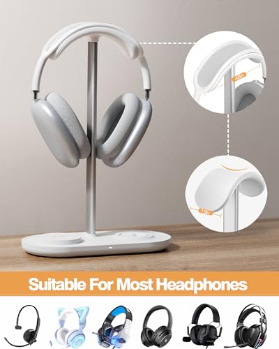 HiWe Headphone Stand, 2-in-1 MagSafe Wireless Charger for iPhone/iWatch | Headset Holder for All Headphones, Aluminum Alloy Bar, ABS Solid Base, PU Headrest, Table Desk Organizer - color: White