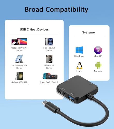 USB C Hub HDMI Adapter, 4-in-1 USB C to HDMI 4K Adapter with PD 100W, USB 3.0 5Gbps for MacBook, iPad Pro, XPS, Surface, TV Dock Station for Switch/Steam Deck Dock