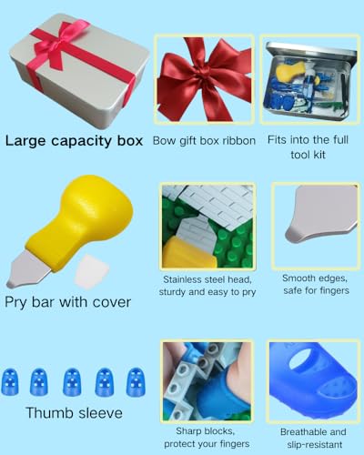 15PCS Remover Building Blocks Tool Kit - 3 PCS Brick Separator, Blocks Tool Suit, Multi-Functional Hammer, Red Gift Ribbon, Pliers, Tweezers, Finger Protectors with Iron-Box (Blue) - color: Blue
