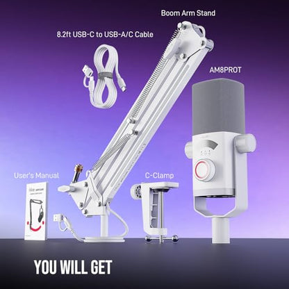 FIFINE Streaming Microphone Kit for Gaming, XLR/USB Dynamic Mic with RGB Boom Arm Stand for Podcast Vocal, PC Microphone with Mute Tap, 3-in-1 Volume Knob, Audio Balance-AmpliGame AM8PROT White - color: White