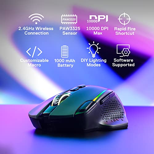 Redragon M810 PRO Wireless RGB Gaming Mouse 10000 DPI Remapping Keys | Cable-Free 0 Delay, Rapid-Fire Macro Keybinds, Vibing Backlight, Ergonomic Grip Body Comfort - color: Black, style: M810 PRO
