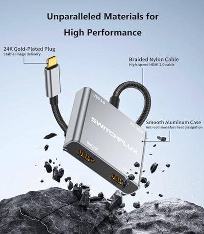 USB C to Dual HDMI Adapter |4K60Hz HDMI Splitter Extended Display for Dual Monitors,100W PD,USB 3.0 Port Converter Compatible with Laptop,Tablet,Graphics Card - size: 6.6inch