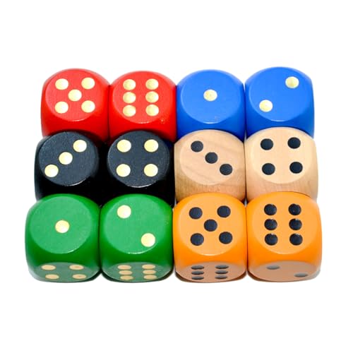 SmartDealsPro Random Color Large 1 1/5" Round Edge Wooden Dice (6 Colors 12 Pieces) - color: 6 Colors 12 Pieces