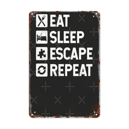 Vintage Tin Wall Decor Signs Escape Game Eat Sleep Escape Repeat Retro Metal Plaques for Aesthetic Home & Garden Decor,8x12in Posters with Inspirational Quotes