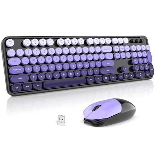 Wireless Keyboard and Mouse Combo, 2.4GHz Gradient Colorful Full-Size Retro Typewriter Keyboard with Wireless Mouse for PC/Desktop/Laptop/Windows (Black Purple) - color: Black Purple